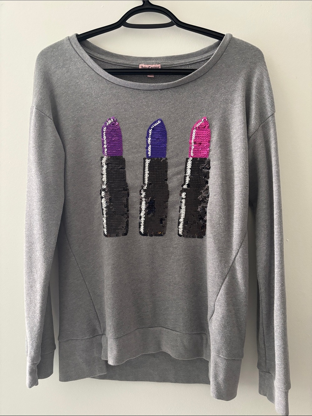 Juicy Couture Women’s Gray Sequin Lipstick Design Crew Neck Sweatshirt Size M